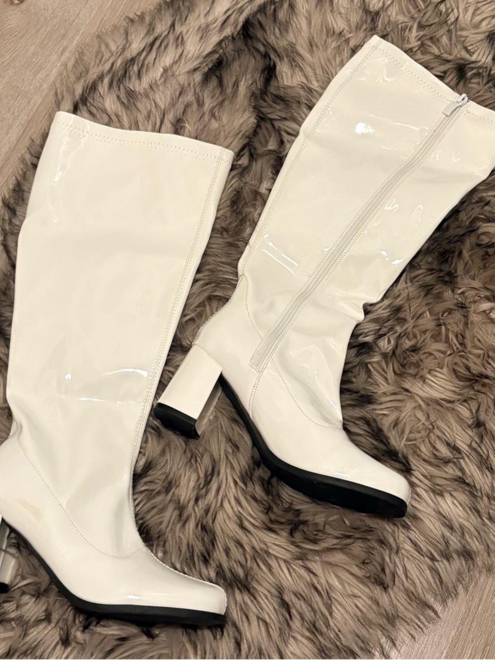White Patent Mid-Calf Block Heel Boots